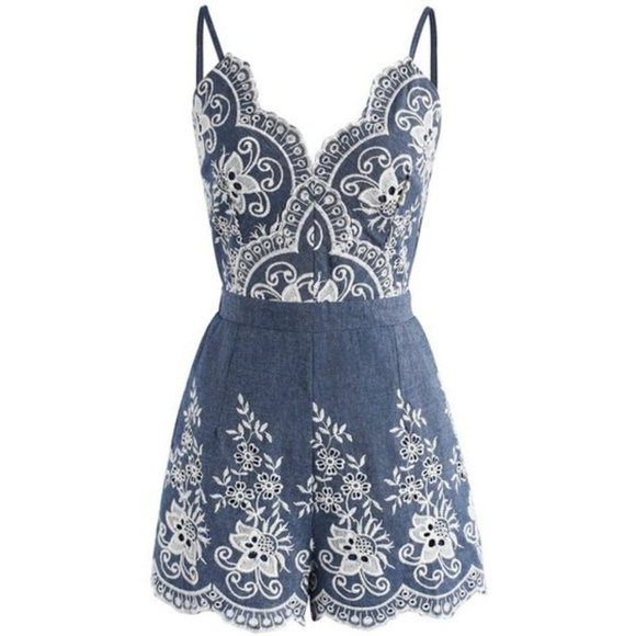 Cistar Pants - Spaghetti Strap Slim Embroidered Denim Romper NWOT